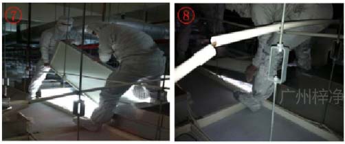 雙手握住高效過濾器邊框，與天花呈45度，穿過天花